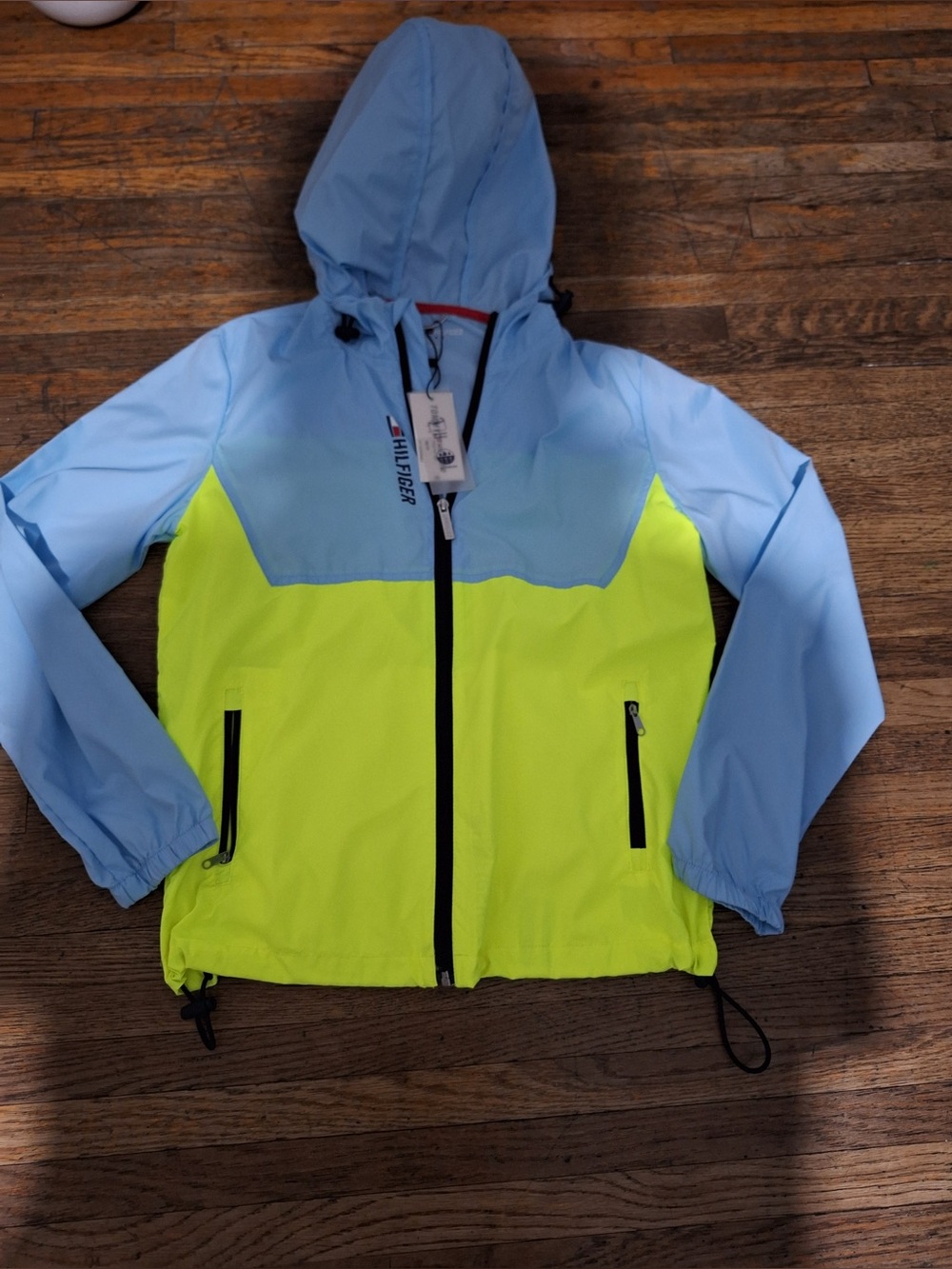 Tommy Hilfiger Light Blue and Neon Yellow Colorblock Hooded Windbreaker
